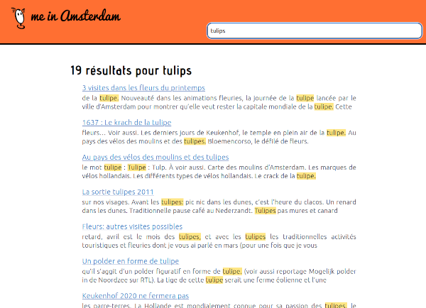 meinamsterdam search page with search 'tulips' and many links related to 'tulipe'