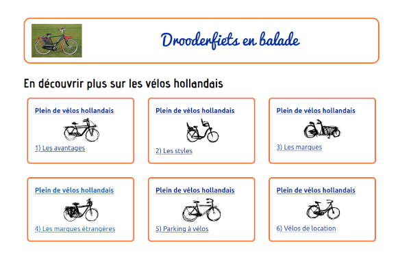 orange frames with links to vélo related pages